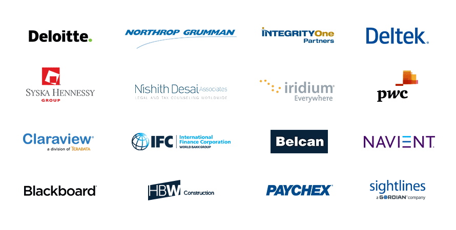 Former and current clients: Deloitte, Northrop Grumman, Integrity One Partners, Deltek, Syska Hennessy Group, Nishith Desai, Iridium Everywhere, pwc, Claraview, IFC, Belcan, Navient, Blackboard, HBW Construction, Paychex, Sightlines Gordon Company