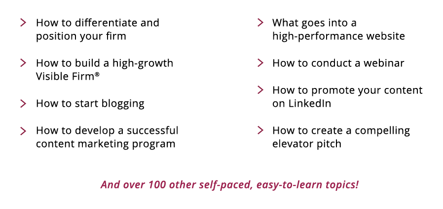 - How to differentiate and position your firm; - How to build a high-growth Visible Firm™; - How to start blogging; - How to develop a successful content marketing program; - What goes into a high-performance website; - How to conduct a webinar; - How to promote your content on LinkedIn; - How to create a compelling elevator pitch.